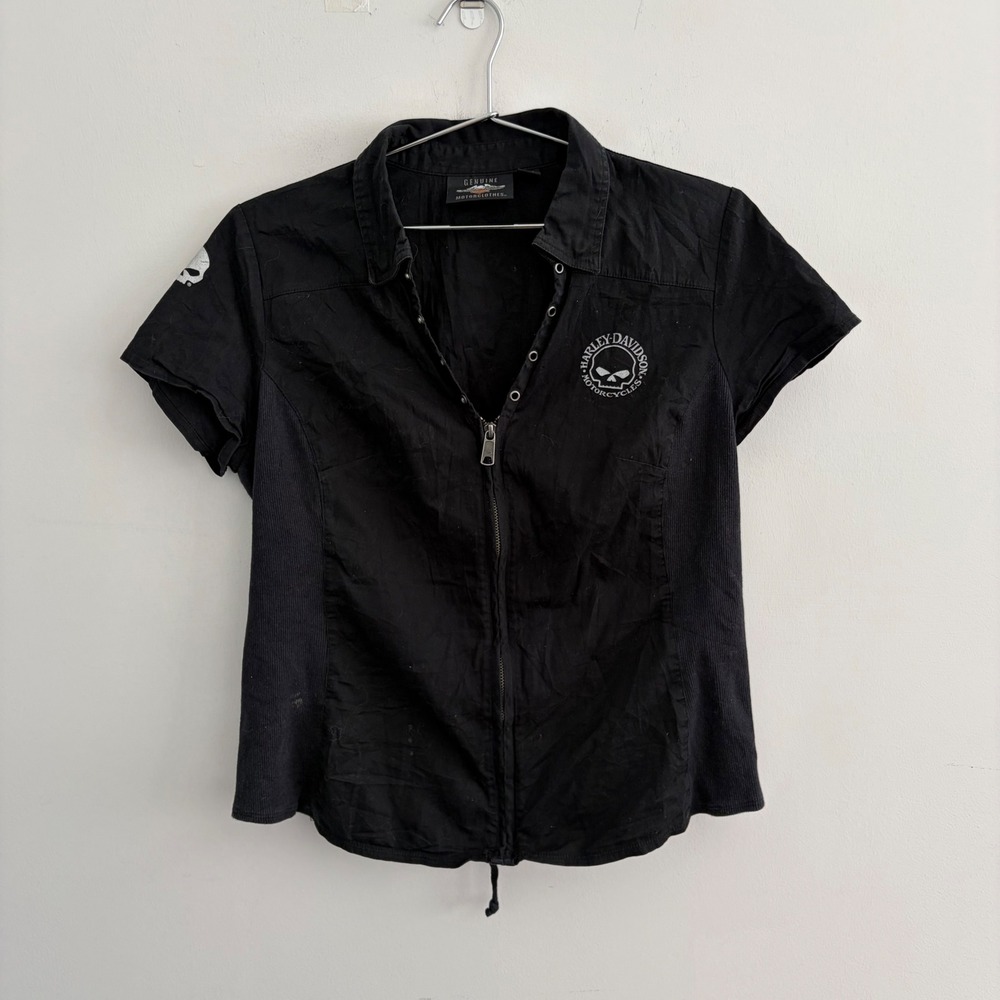 Harley Davidson Womens Black Willie G Skull Lace Up Back Zip Shirt Large